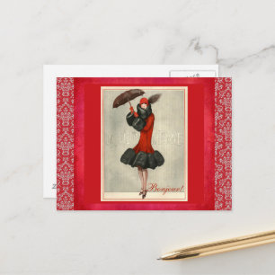 ArtDeco Red Flapper Fransk Mode Damask-vykort Vykort