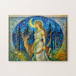 Artemis with Deer and Bow in a Starry Forest Night Pussel