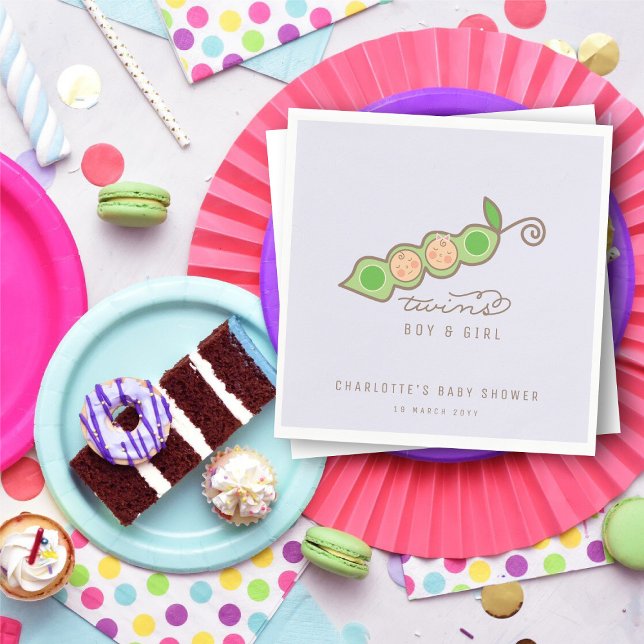 Ärter i en Pod Boy Girl Twillingars Baby Shower Pa Pappersservett (Peas in a Pod Boy Girl Twins Lavender Light Purple Baby Shower Party Paper Napkins @ fatfatin)