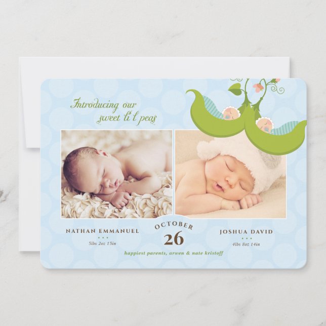 Ärter i Pod Twin Boys 2 Bilder Birth Notice Inbjudningar (Framsida)