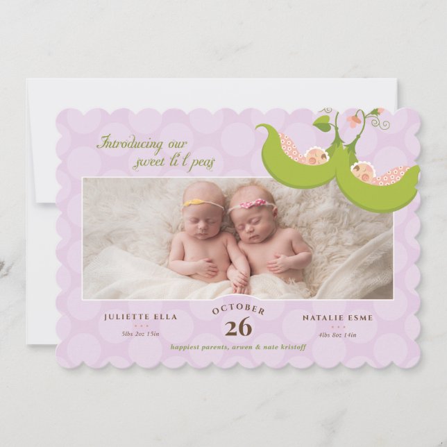 Ärter i Pod Twin Girls 1 Pic Birth Notice Inbjudningar (Framsida)