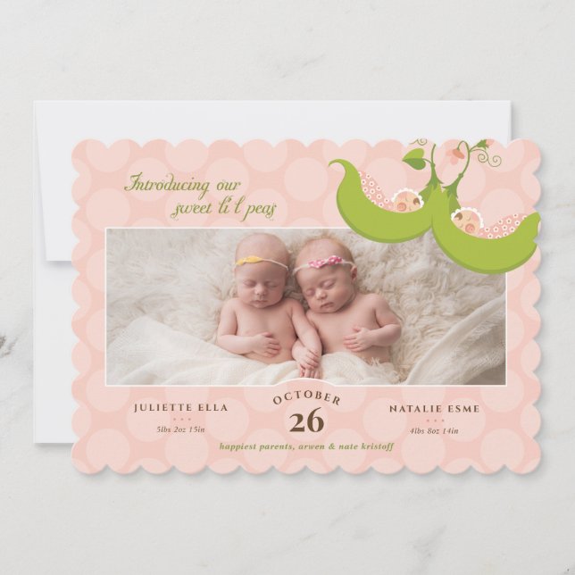 Ärter i Pod Twin Girls 1 Pic Birth Notice Inbjudningar (Framsida)