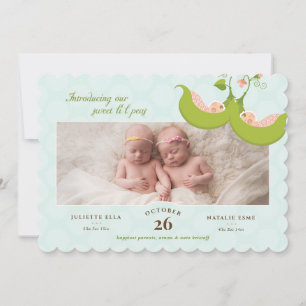Ärter i Pod Twin Girls 1 Pic Birth Notice Inbjudningar