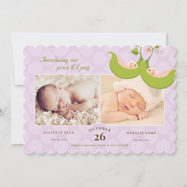 Ärter i Pod Twin Girls 2 Bilder Birth Notice Inbjudningar (Framsida)