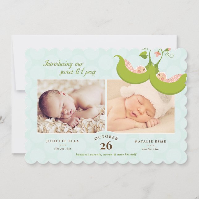 Ärter i Pod Twin Girls 2 Bilder Birth Notice Inbjudningar (Framsida)