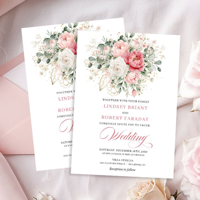 Artful Blush Rose Gold Botanical Wedding Invite Inbjudningar (Artful Blush Rose Gold Botanical Wedding Invite)