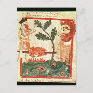 Arthur meets the giant roasting a pig on a vykort