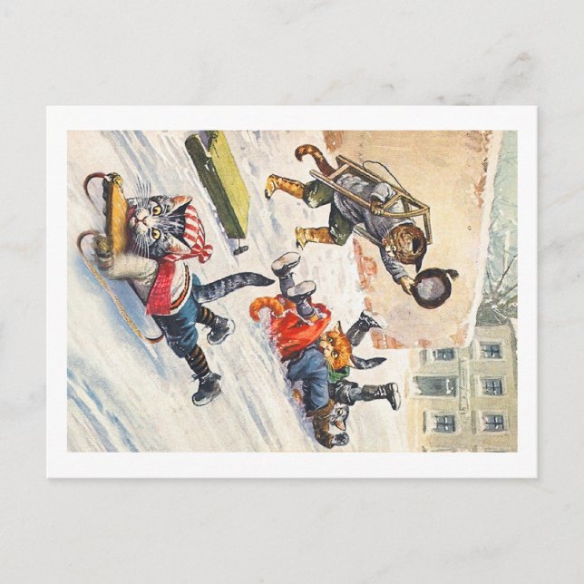 Arthur Thiele - Bobsledding Anthropomorphic Cats Vykort (Framsida)