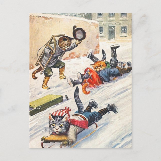 Arthur Thiele - Bobsledding Anthropomorphic Cats Vykort (Framsida)