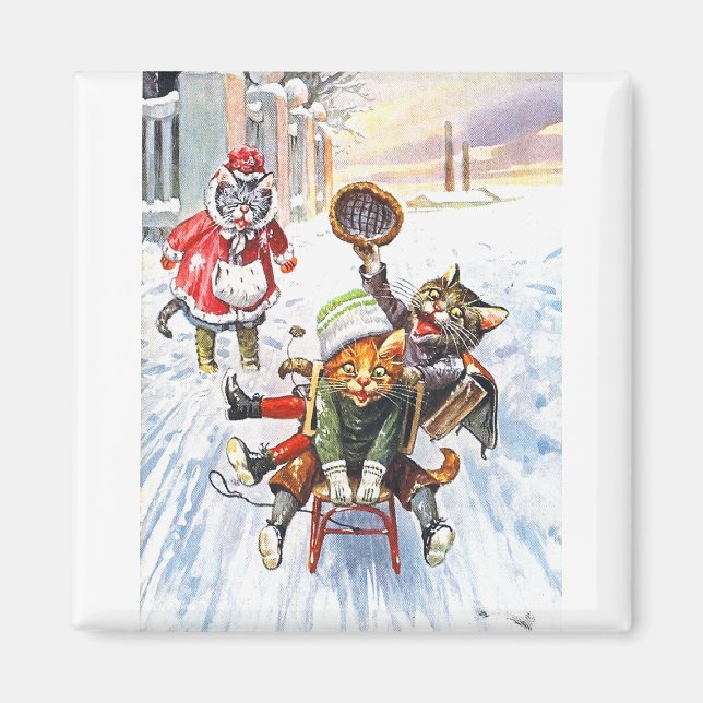 Arthur Thiele - Cats Going Downhill Snö Sledding Magnet (Framsidan)