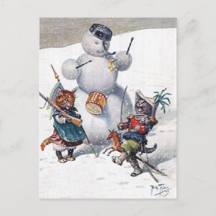 Arthur Thiele - Cats Play med Snögubbe Vykort