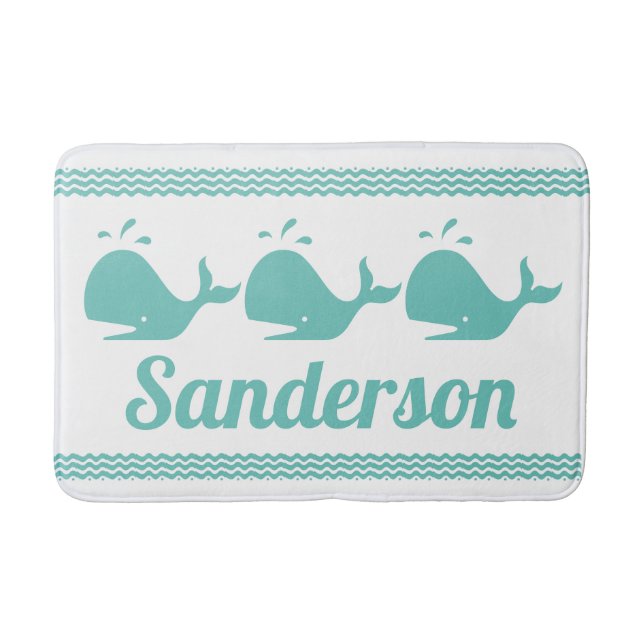 Artic Teal Blue Whale & vågar Blue & White Border Badrumsmatta (Framsidan)