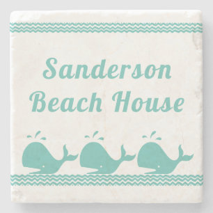 Artic Teal Blue Whale & vågar Blue & White Border Stenunderlägg