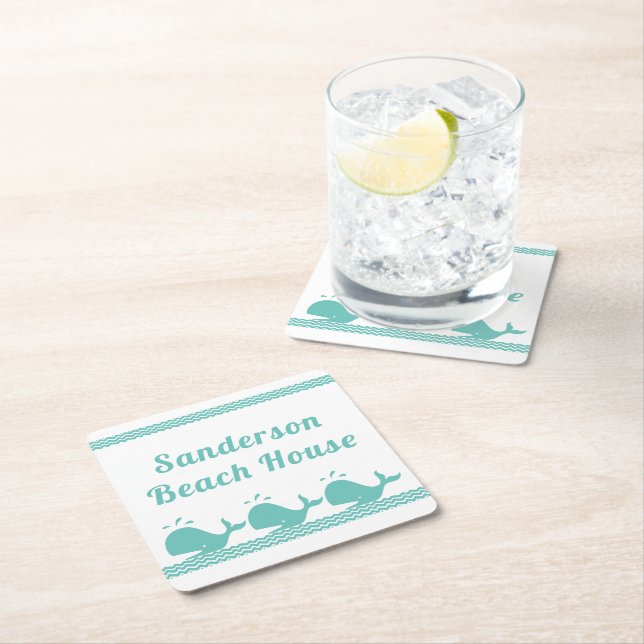 Artic Teal Blue Whale & vågar Blue & White Border Underlägg Papper Kvadrat (Insitu)