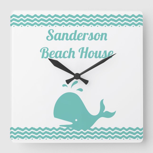 Artic Teal Blue Whale & vågar Blue & White Fyrkantig Klocka (Framsida)