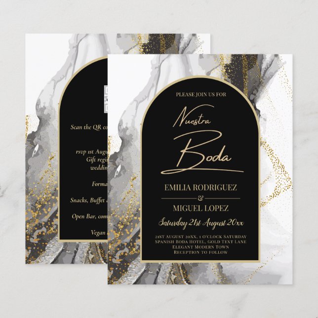 Artículo de boda negro y dorado, bilingüe (Fram/baksida)