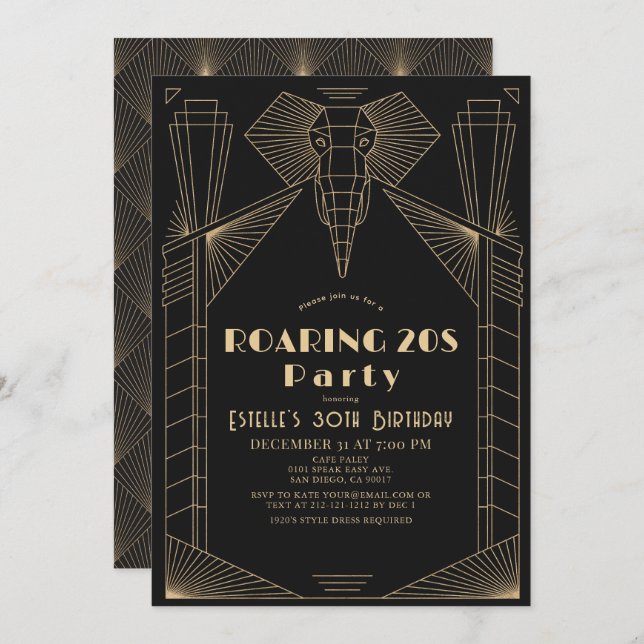 Artikel Deco 1920's Elephant Roaring 20s Birthday Inbjudningar (Fram/baksida)