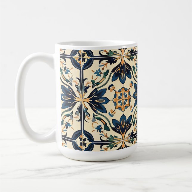 Artisan Blue och Guld Blommigt Motif Kaffemugg (Vänster)