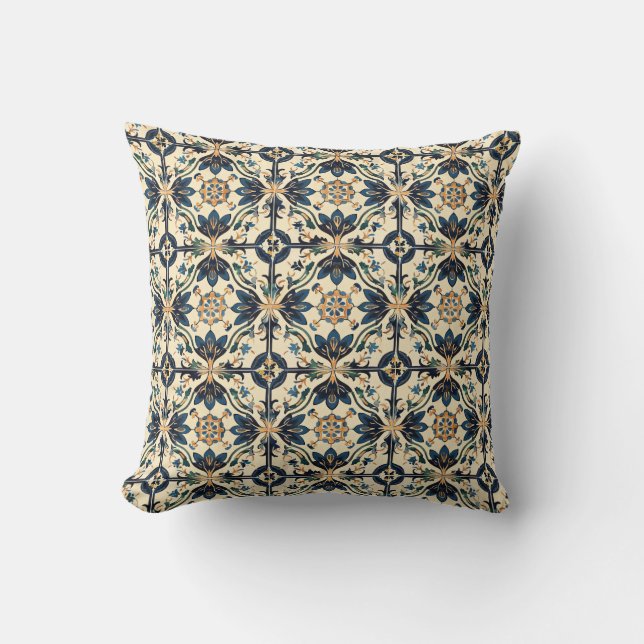 Artisan Blue och Guld Blommigt Motif Kudde (Framsida)