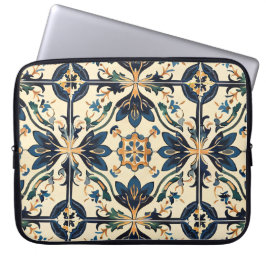 Artisan Blue och Guld Blommigt Motif Laptop Fodral