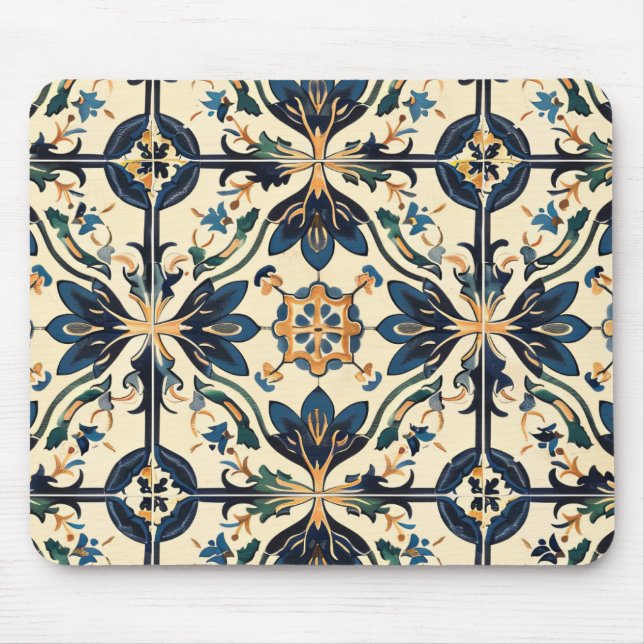 Artisan Blue och Guld Blommigt Motif Musmatta (Framsidan)