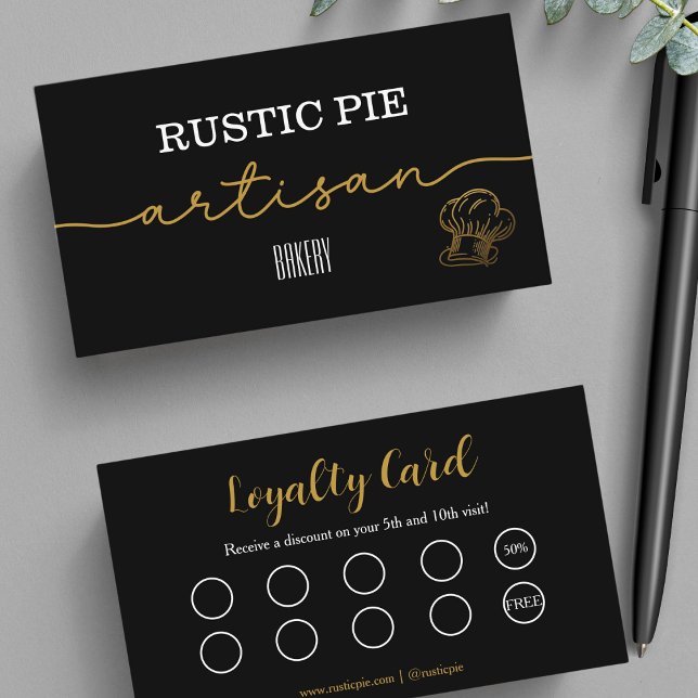 Artisan Guld Baker Bakery Chef Hat Catering Black Lojalitetskort (Skapare uppladdad)