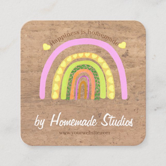 Artisan Woodgrain Hometown Rainbow 'Homemade'  Fyrkantigt Visitkort (Framsida)