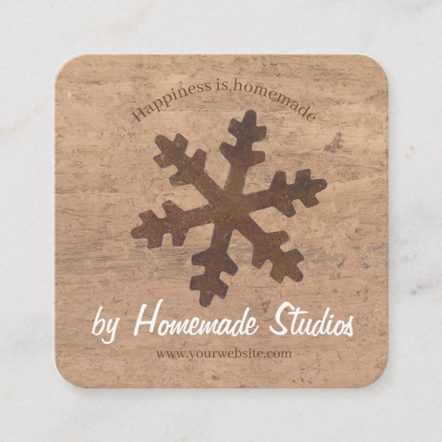 Artisan Woodgrain Rustic Snowflake 'Homemade'  Fyrkantigt Visitkort (Framsida)