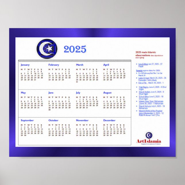 ArtIslamia 2025 Islamisk Kalender för religiösa hä Poster (Framsidan)