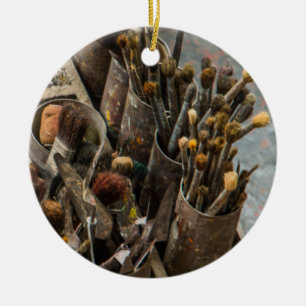 Artist Paintborstar i gamla Rusty Tin Cans Julgransprydnad Keramik