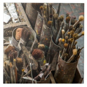 Artist Paintborstar i gamla Rusty Tin Cans Kakelplatta