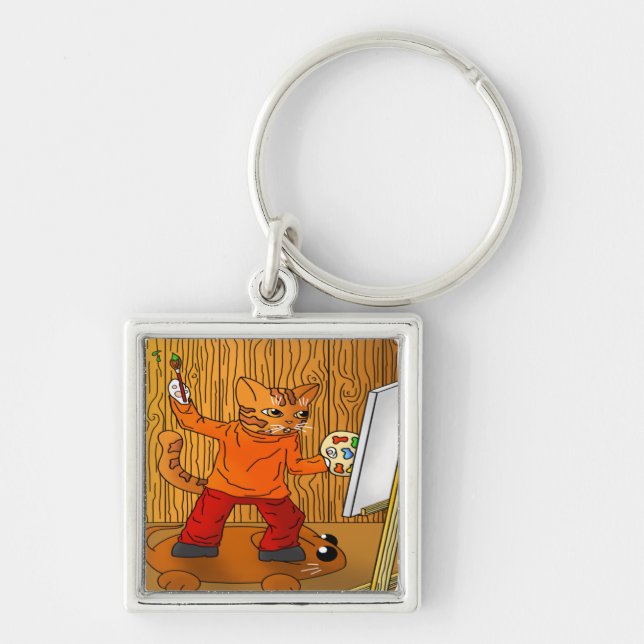 Artist Painter Cat Fyrkantig Silverfärgad Nyckelring (Framsidan)