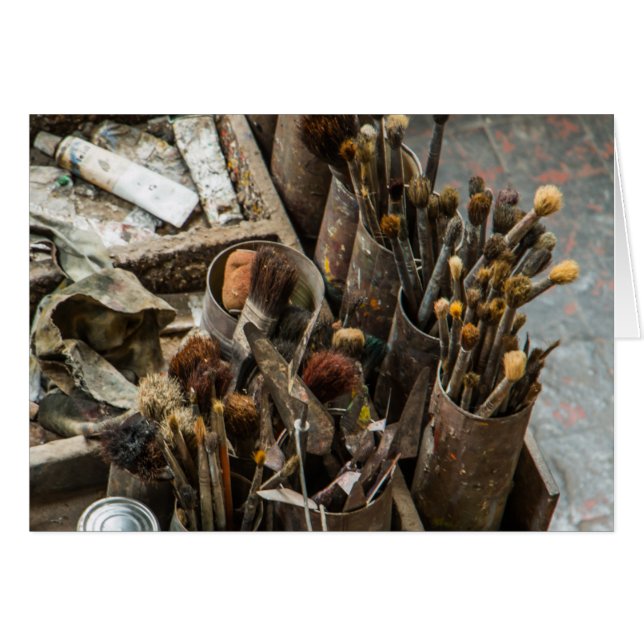 Artist Paintpenslar och Paint i Old Wooden Fodral Hälsningskort (Framsidan Horizontal)