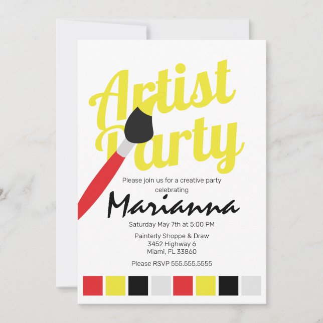 Artist Party Palette Birthday Gult Red Inbjudningar (Framsida)