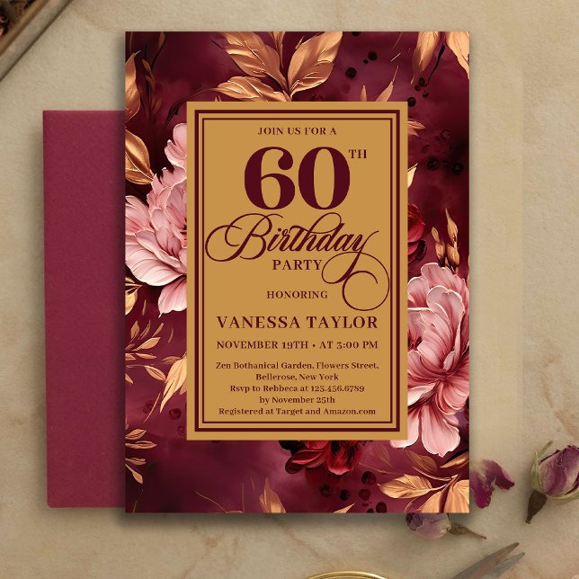 Artistic 60th Birthday Burgundy Blush Bohemian  Inbjudningar (Artistic 60th Birthday Burgundy Blush Bohemian Invitation)