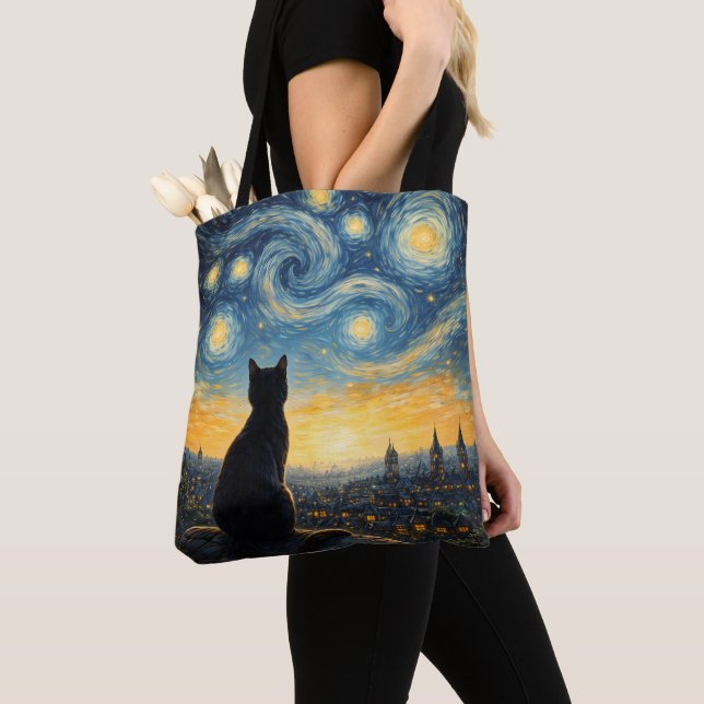 Artistic Black Cat & Celestial Town Reusable  Tygkasse (Närbild)
