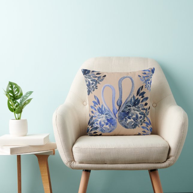 Artistic Blue Swans Watercolor Hand-painted Kudde (Stol)