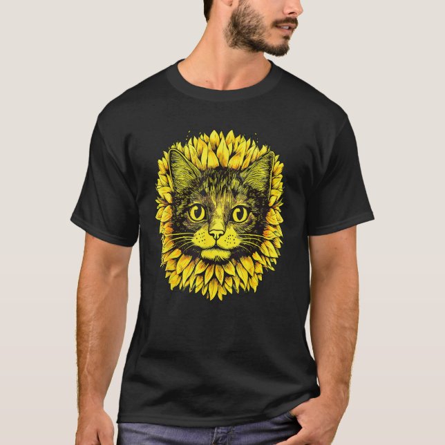 Artistic  Cat Face in the middle of Sunflower Stan T Shirt (Framsida)