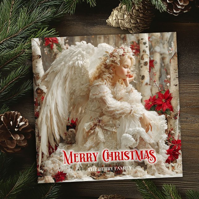 Artistic Christmas angel red poinsettias cheerful  Julkort (Artistic Christmas angel red poinsettias cheerful greeting card

)
