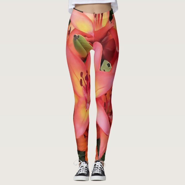 Artistic Coral Färgad Garden Lilies Leggings (Framsida)