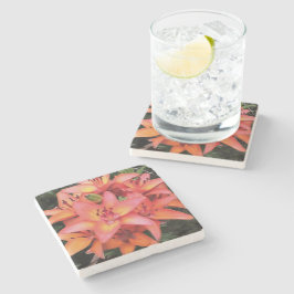 Artistic Coral Färgad Garden Lilies Stenunderlägg