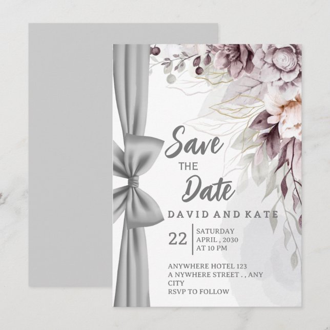 Artistic Curtain & Floral Save the Date Card (Fram/baksida)