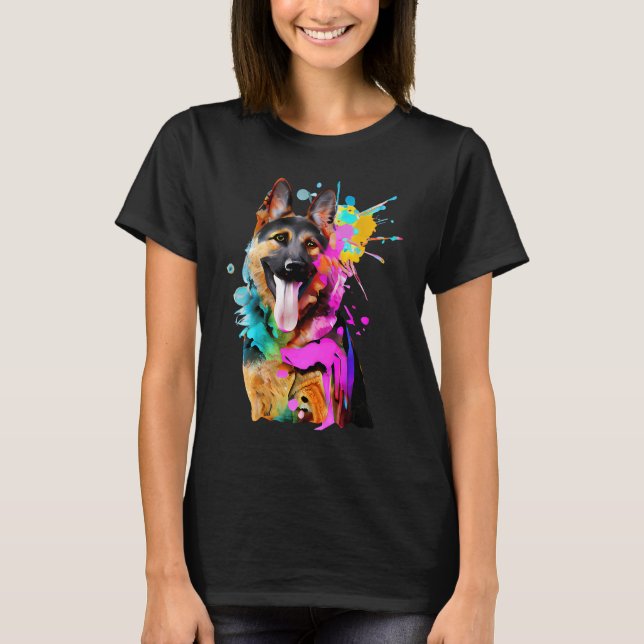 Artistic German Shepherd with Paint Splashes T Shirt (Framsida)