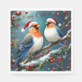 Artistic Holiday Christmas Birds With Santa Hats Pappersservett