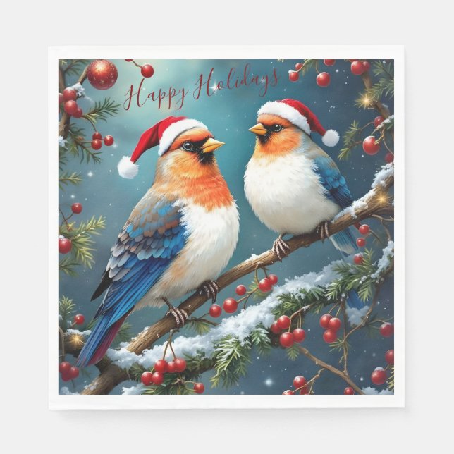 Artistic Holiday Christmas Birds With Santa Hats Pappersservett (Framsidan)