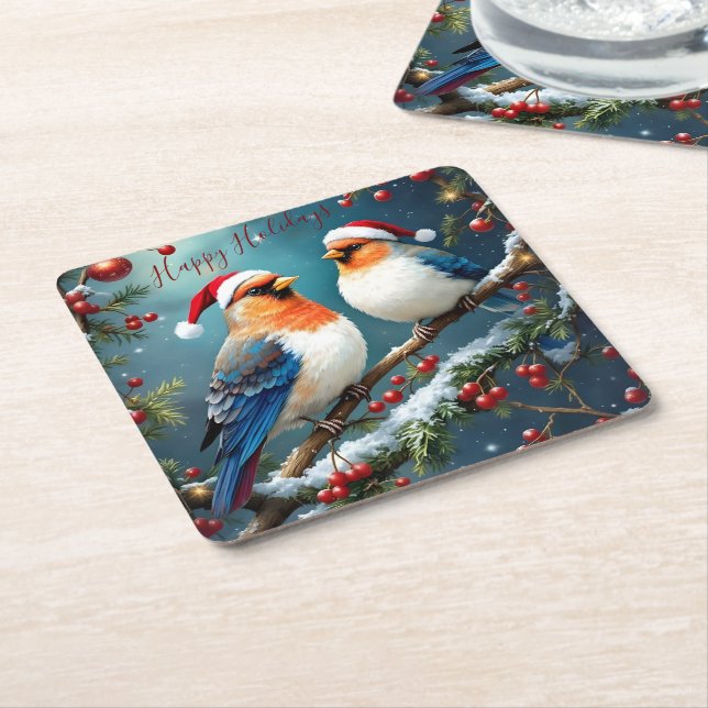 Artistic Holiday Christmas Birds With Santa Hats Underlägg Papper Kvadrat (Vinklad)