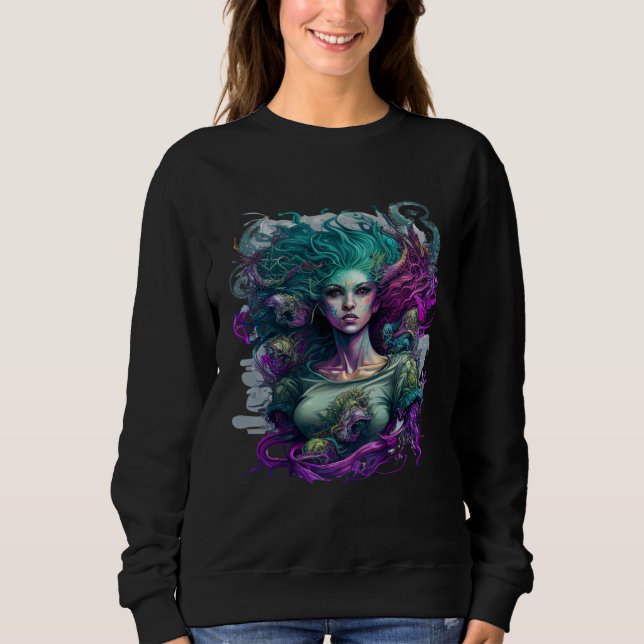 Artistic Hybrid Gorgon Medusa Snake and Mermaid T Shirt (Framsida)