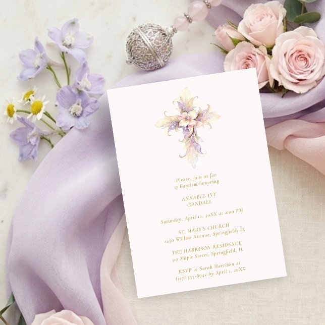 Artistic Lilac Floral Christian Cross Baptism Inbjudningar (Artistic Lilac Floral Christian Cross Baptism Invitation Card Design. )