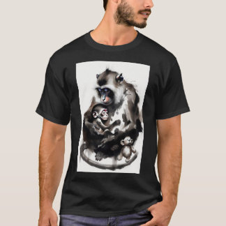 Artistic Mother and Baby Monkey Ink Wash Illustrat T Shirt