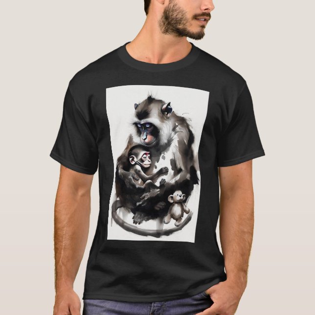 Artistic Mother and Baby Monkey Ink Wash Illustrat T Shirt (Framsida)